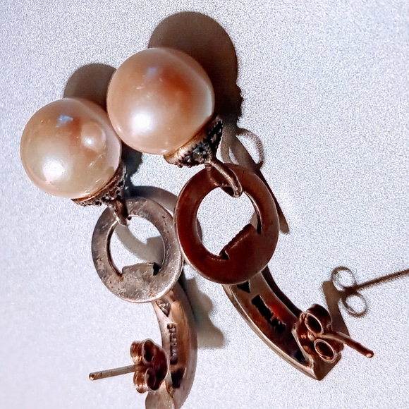 JJ Judith Jack Sterling Silver  Marcasite Drop down dangling Faux Pearl Earrings - Picture 10 of 11